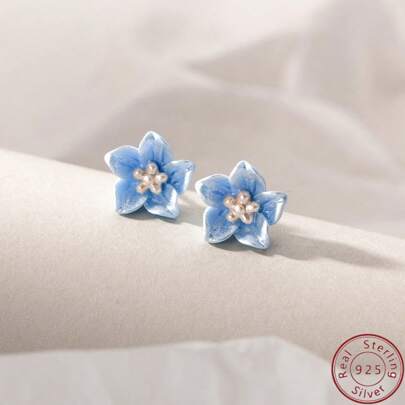 1pair Fashionable S925 Sterling Silver Blue Flower Shaped Stud Earrings Suitable For Women's Daily Wear Holiday Valentines
