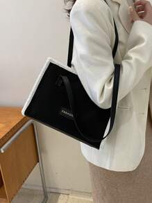 毛绒装饰字母贴片装饰方形包女士毛绒手提包，秋冬单肩包，时尚仿羔羊毛手提包，新款皮草钱包