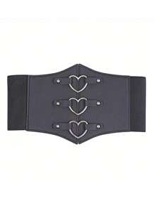 1 pieza Abrigo de vestir de mujer con hebilla de triple corazón de PU, cinturón elástico de la cintura, de moda para uso diario y días festivos, múltiples tallas de cinturón de corsé de mujer para vestido, entrenador de cintura para adelgazamiento y control del abdomen, disfraz de Halloween - Negro - Ver 2