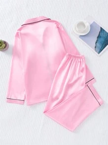 2 件套女士缎面黑色镶边粉色长袖翻领上衣和长裤睡衣套装，适合秋冬、秋季服装 - 粉色 - 查看 2