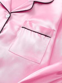 2 件套女士缎面黑色镶边粉色长袖翻领上衣和长裤睡衣套装，适合秋冬、秋季服装 - 粉色 - 查看 4