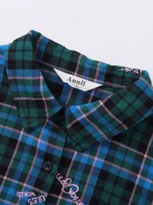 Annil Tween Girls  Fashion Fresh Plaid  Long Sleeve Dress Green