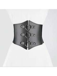 1 pieza Abrigo de vestir de mujer con hebilla de triple corazón de PU, cinturón elástico de la cintura, de moda para uso diario y días festivos, múltiples tallas de cinturón de corsé de mujer para vestido, entrenador de cintura para adelgazamiento y control del abdomen, disfraz de Halloween - Negro - Ver 7