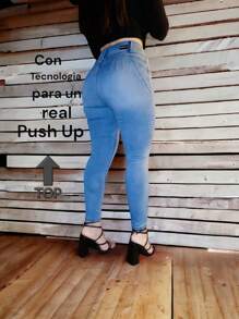 Pantalon jeans de mezclilla estilo skinny stretch sin bolsas traseras para dama mujer ajustado push up cintura alta - Ver 1
