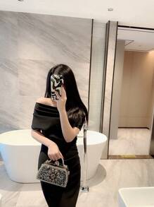 Moonlit EveBag Women's Fashionable Rhinestone Decor Evening Clutch Party Box Bag - Black - View 10