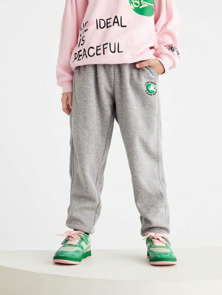 Annil 女孩的冬季保暖，加厚寬鬆運動休閒針織毛絨褲，灰色 - 灰色 - 查看 1