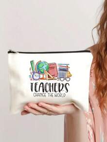 来自老师的感谢礼物字母老师卡通图案米色涤纶可折叠拉链收纳袋化妆包洗漱包化妆包适合个人旅行化妆品收纳适合大学生返校礼物送给老师感谢老师的礼物感谢老师的礼物化妆包化妆收纳盒用于旅行的化妆工具送给妈妈的礼物 - 米色 - 查看 2