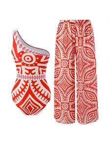New 2023 Geometric Printed Conservative One-Piece Swimsuit With Spaghetti Strap Chiffon Cover-Up Set, Pants Summer - Red - View 4