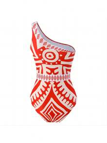 New 2023 Geometric Printed Conservative One-Piece Swimsuit With Spaghetti Strap Chiffon Cover-Up Set, Pants Summer - Red - View 3