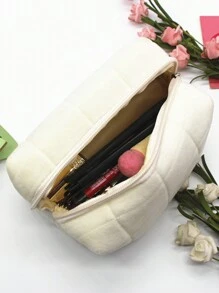 1 件纯色时尚休闲涤纶化妆包大容量多功能化妆品收纳化妆工具带拉链化妆收纳包便携式化妆包适用于旅行和大学宿舍适合女性和女孩旅行必需品情人节礼物女性礼物女孩礼物女友礼物被子简约 - 白色 - 查看 6