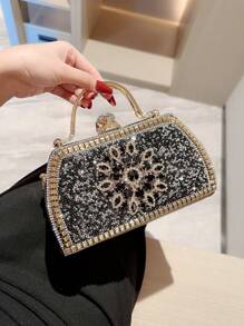Moonlit EveBag Women's Fashionable Rhinestone Decor Evening Clutch Party Box Bag - Black - View 2