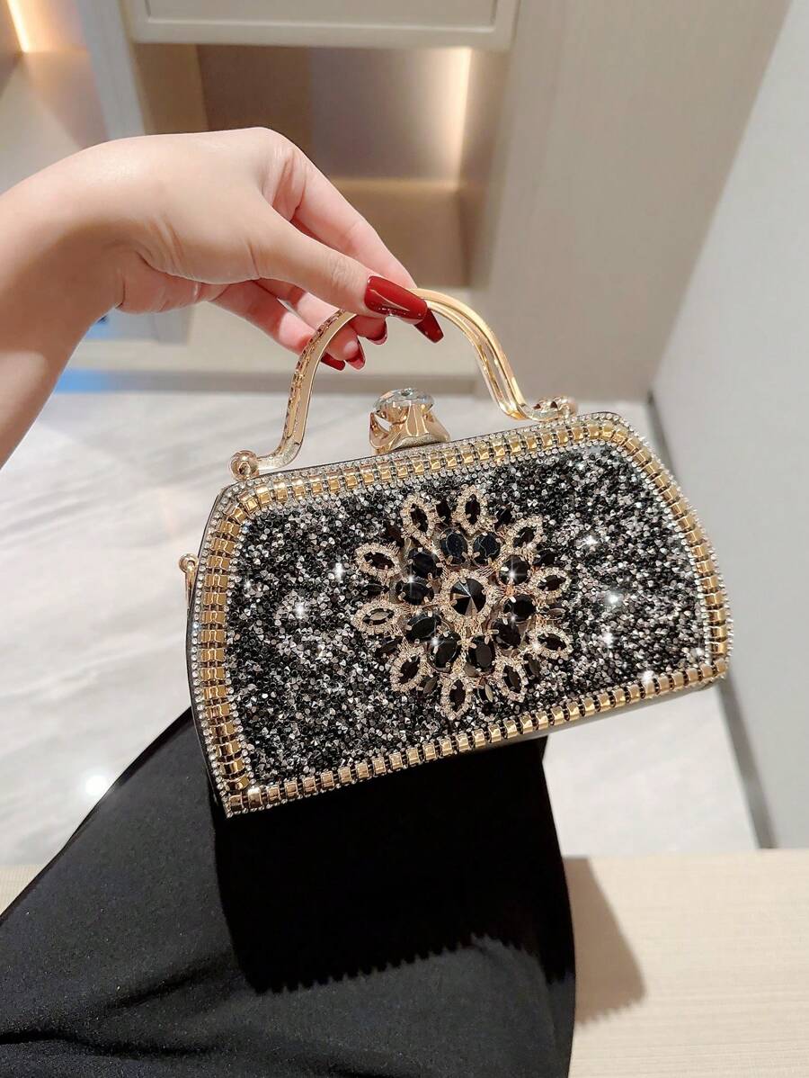 Moonlit EveBag Women's Fashionable Rhinestone Decor Evening Clutch Party Box Bag - Black - View 1
