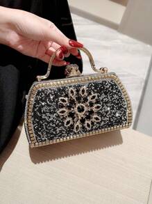 Moonlit EveBag Women's Fashionable Rhinestone Decor Evening Clutch Party Box Bag - Black - View 3