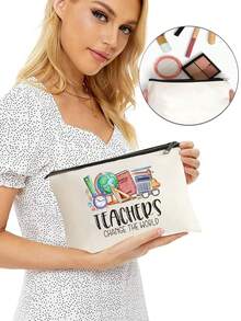 来自老师的感谢礼物字母老师卡通图案米色涤纶可折叠拉链收纳袋化妆包洗漱包化妆包适合个人旅行化妆品收纳适合大学生返校礼物送给老师感谢老师的礼物感谢老师的礼物化妆包化妆收纳盒用于旅行的化妆工具送给妈妈的礼物 - 米色 - 查看 4