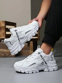 男士時尚舒適透氣休閒運動鞋,厚底、圓頭、綁帶、低幫 - 白色 - 查看 2