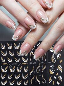 3入組3d法式反光指甲貼紙,金色閃粉幾何線條自粘漩渦浪花指甲藝術貼片美甲貼紙 - 彩色 - 查看 1