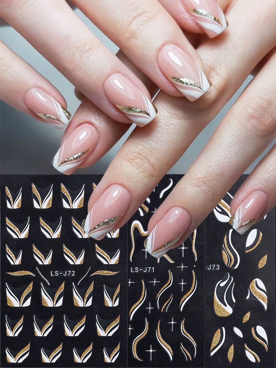3入組3d法式反光指甲貼紙,金色閃粉幾何線條自粘漩渦浪花指甲藝術貼片美甲貼紙 - 彩色 - 查看 1