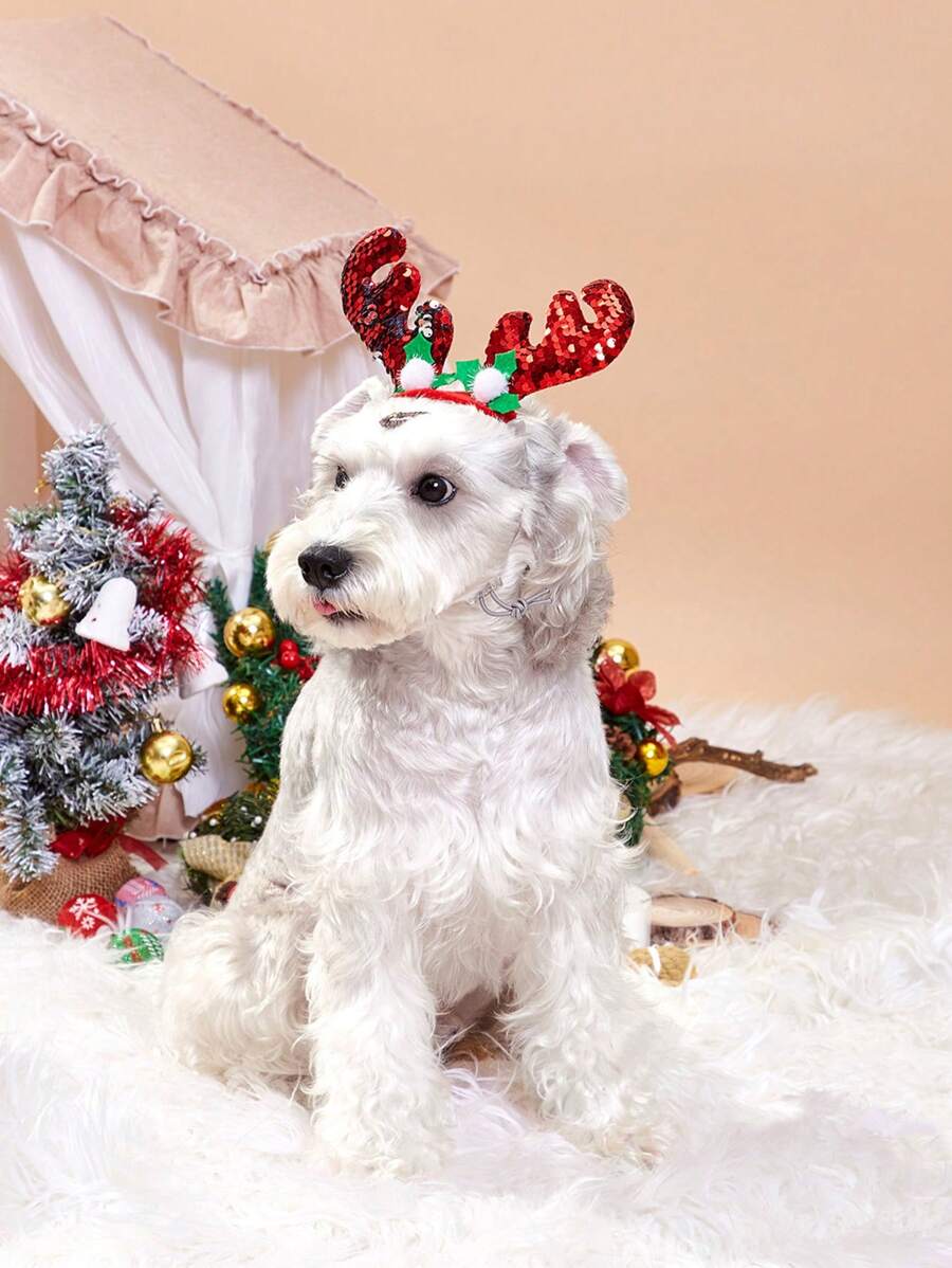 nicovaer 1入組聖誕閃粉馴鹿角寵物頭箍,尺寸15-55cm可調,適用於貓狗聖誕裝扮
