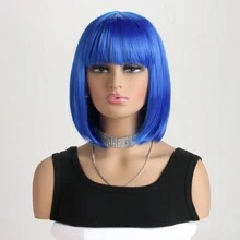 Women's Fashion Natural Short Curly 12-Inch Synthetic Fiber Inverted Bob Short Wig With Air Bangs, Suitable For Cosplay, Halloween, Costume Party - 寶藍色 - 查看 4
