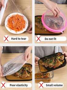 50 bolsas de Cubierta para alimentos desechables para proteger la comida de la cocina, frutas y polvo para tazones, copas, tapas y bolsas de plástico elásticas y reutilizables para almacenamiento y sobras de alimentos. Bolsa de almuerzo aislada para picnic, viaje, escuela, trabajo, camping y oficina para mujeres, hombres, estudiantes y como esencial para viajar, estudiantes universitarios y para organizar, multifuncional. - transparente - Ver 2