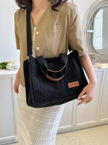 簡約風燈芯絨托特包,字母貼飾單肩包,多口袋斜挎包 - 黑色 - 查看 3