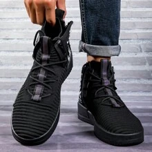 Men's Walking Shoes Lace Up High Top Sneakers Athletic Hip Hop Shoes Casual Breathable Shoe For Men - 黑色 - 查看 1