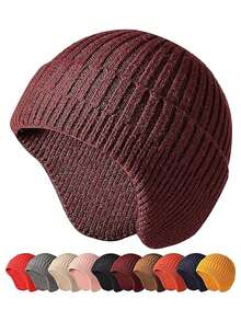 Solid Color Knitted Earflap Hat For Adults - Burgundy - View 1