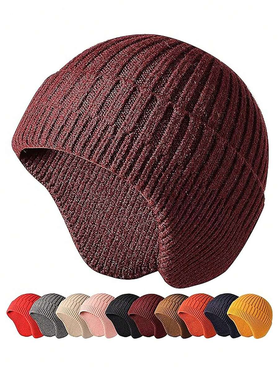 Solid Color Knitted Earflap Hat For Adults - Burgundy - View 1