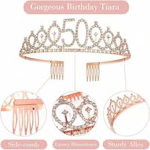 4入組50歲女士生日裝飾，包括40歲冠/頭飾、腰帶、蛋糕插旗、蠟燭，50週年慶祝裝飾50歲女士生日禮物髮梳和頭帶