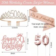 4入組50歲女士生日裝飾，包括40歲冠/頭飾、腰帶、蛋糕插旗、蠟燭，50週年慶祝裝飾50歲女士生日禮物髮梳和頭帶