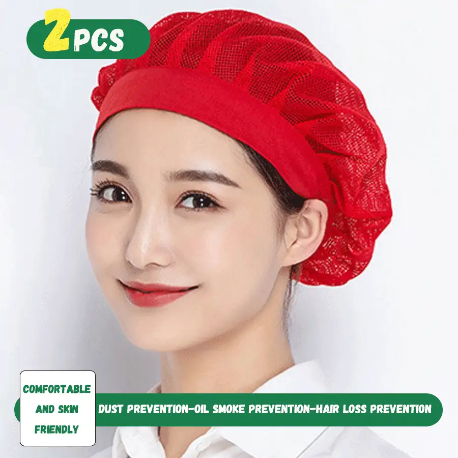 2入組通用廚師帽,廚房烹飪廚師網帽,食品服務彈性頭髮網,烘焙師傅服務員可調式工作帽白色。 - 紅色 - 查看 2