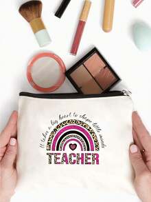 Teacher Change The World Print Cosmetics Bag, Travel Pouch Bag Toiletry Bag, Gift For Teacher - Beige - View 5