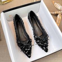 Pointed Toe Comfy Flat Sequin Party Fashionable Bow Luxury Casual Versatile Women Loafers - Black - View 4