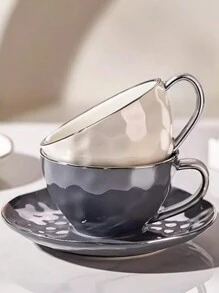 1pc Ceramic Coffee Cup Set With Coaster, Suitable For Home And Office Use, Great As A Gift For Friends - Dark Grey - View 1