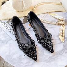 Pointed Toe Comfy Flat Sequin Party Fashionable Bow Luxury Casual Versatile Women Loafers - Black - View 5