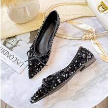 Pointed Toe Comfy Flat Sequin Party Fashionable Bow Luxury Casual Versatile Women Loafers - Black - View 3
