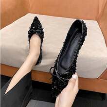 Pointed Toe Comfy Flat Sequin Party Fashionable Bow Luxury Casual Versatile Women Loafers - Black - View 7