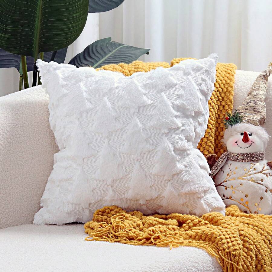 1 件套柔軟毛絨聖誕樹、雪花和馴鹿刺繡抱枕套,新年裝飾墊套,白色 - 白色 - 查看 1