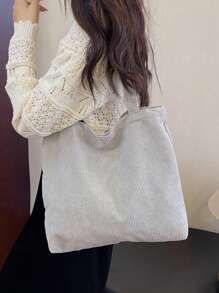 1個休閒實色灰綠色窄線絨布簡約輕便摺疊肩背&手提袋,適合購物和日常使用 - 淺灰色 - 查看 3