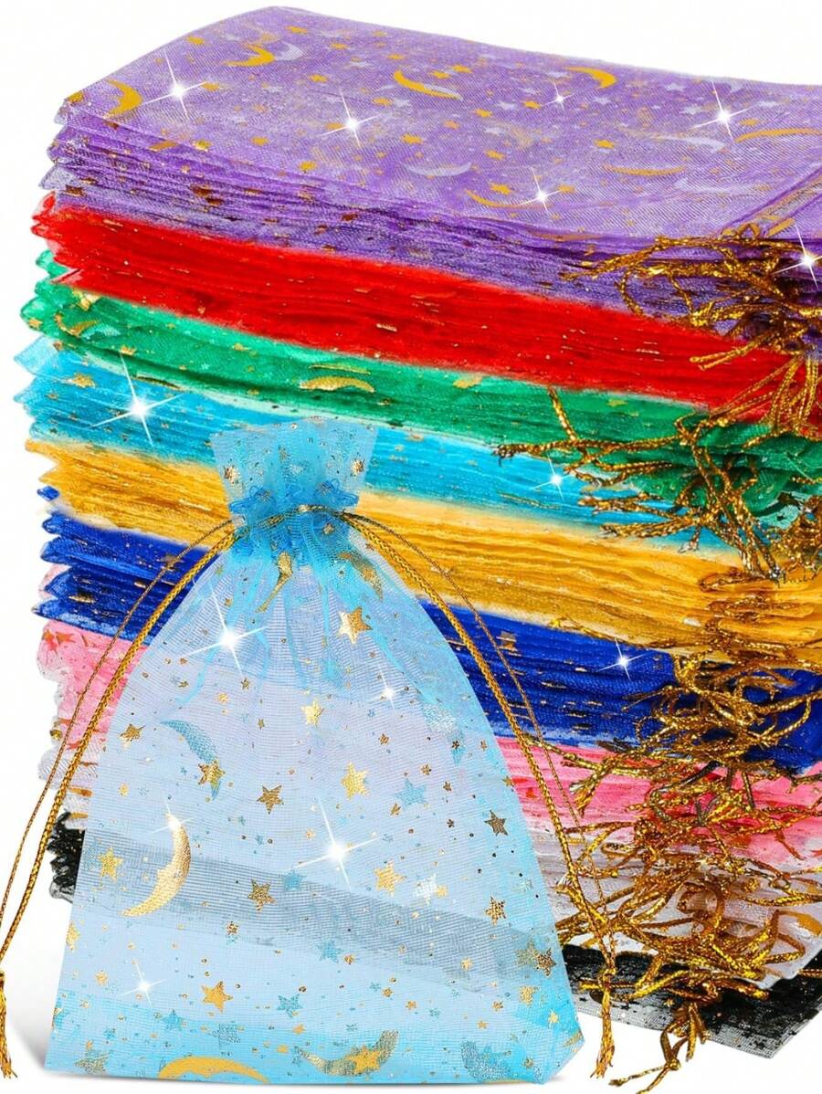 20个随机混色点扎纱袋透明金色J星月纱袋珠宝首饰包装抽绳糖果袋