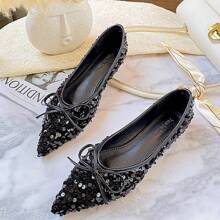 Pointed Toe Comfy Flat Sequin Party Fashionable Bow Luxury Casual Versatile Women Loafers - Black - View 2