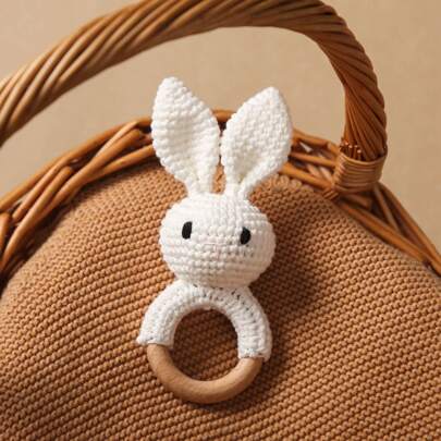 1pc Handmade Crochet Bunny With Pointy Ears & Teething Wood Ring, Baby Chewing Teething Gift