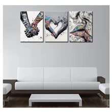 街頭藝術裝飾情侶手牽手繪畫塗鴉圖片浪漫心形牆藝術3件帆布印刷手牽手作品客廳家居裝飾 - 彩色 - 查看 2