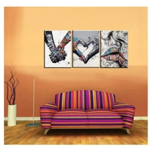 街頭藝術裝飾情侶手牽手繪畫塗鴉圖片浪漫心形牆藝術3件帆布印刷手牽手作品客廳家居裝飾 - 彩色 - 查看 3