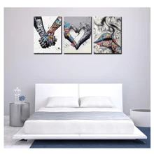 街頭藝術裝飾情侶手牽手繪畫塗鴉圖片浪漫心形牆藝術3件帆布印刷手牽手作品客廳家居裝飾 - 彩色 - 查看 4