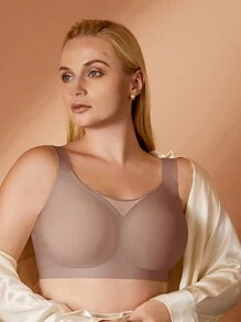 大码无缝胸罩，聚拢，防下垂，侧面支撑，无钢圈，聚拢，胸部塑形，减少多余脂肪 - 咖啡棕 - 查看 1