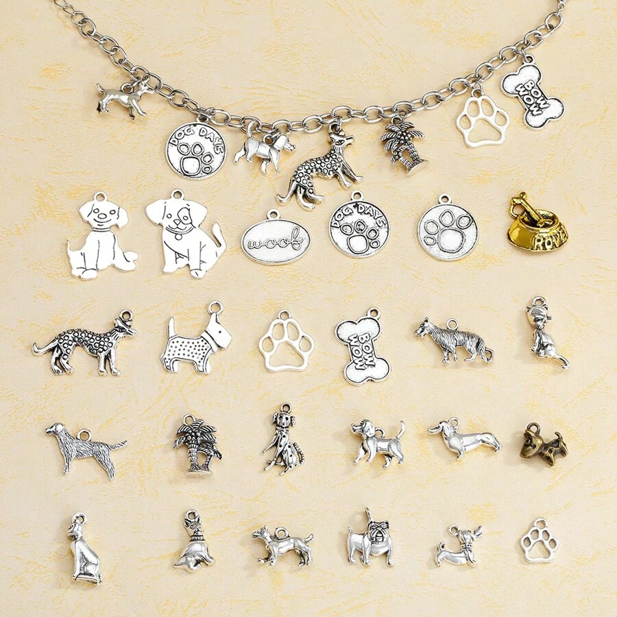 24入組動物系列可愛狗狗造型的鋅合金珠寶吊墜,可自行製作項鍊 - 復古銀色 - 查看 1