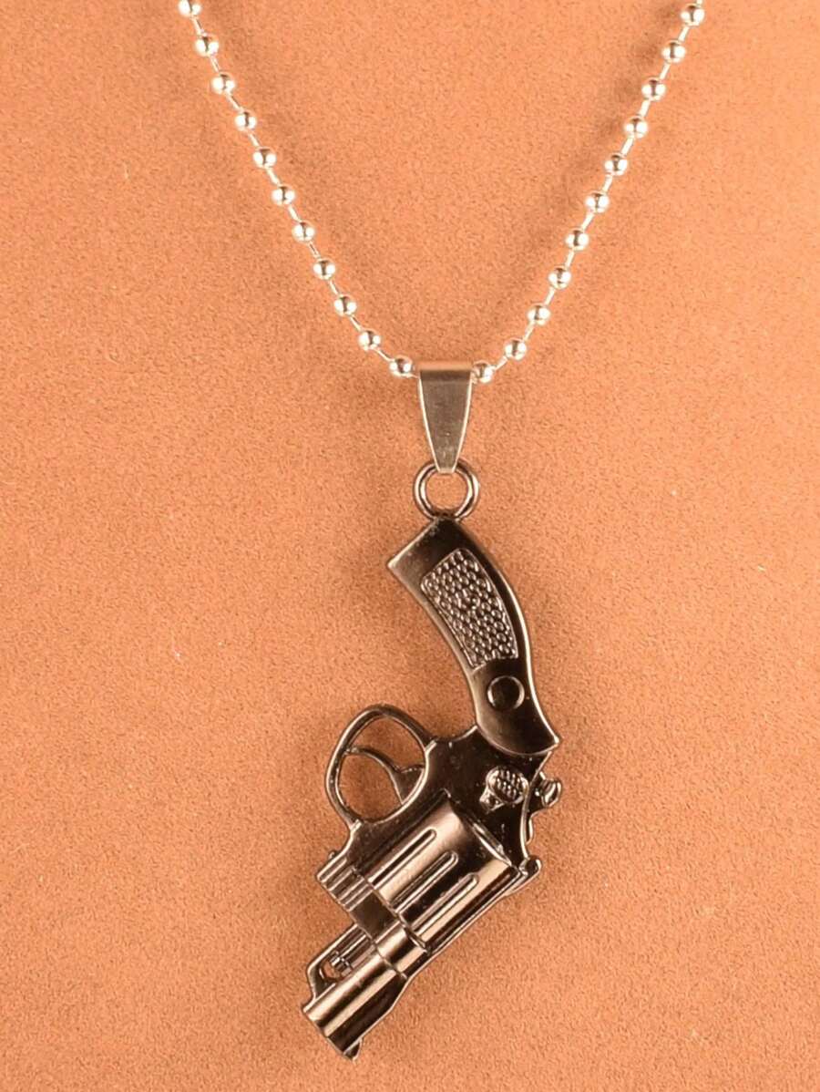 1入復古手槍左輪手槍吊墜項鍊，男女皆宜的朋克飾品 - 黑色 - 查看 1