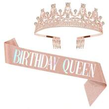 1件生日皇后皇冠或女孩和生日皇后腰帶套件,適用於女性和女孩的生日裝飾,黃金皇冠和生日腰帶,生日派對裝飾,附髮梳和頭箍 - 玫瑰金 - 查看 3