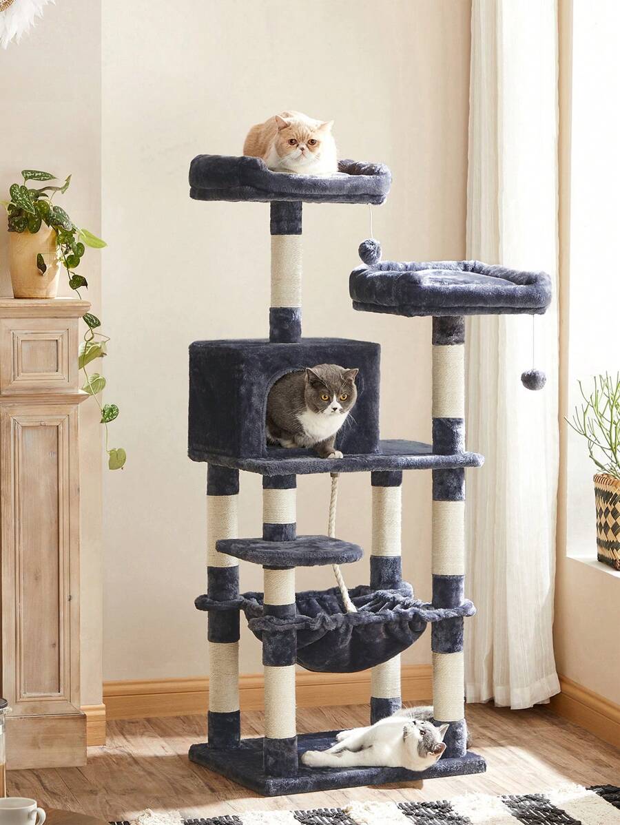 FEANDREA Árbol para Gatos de Altura 143 cm, Torre para Gatos, con 11 Postes Rascadores, 2 Plataformas, 1 Cueva, 1 Hamaca, 2 Pompones, Tela de Felpa, Multinivel, Beige/Gris - Gris - Ver 1